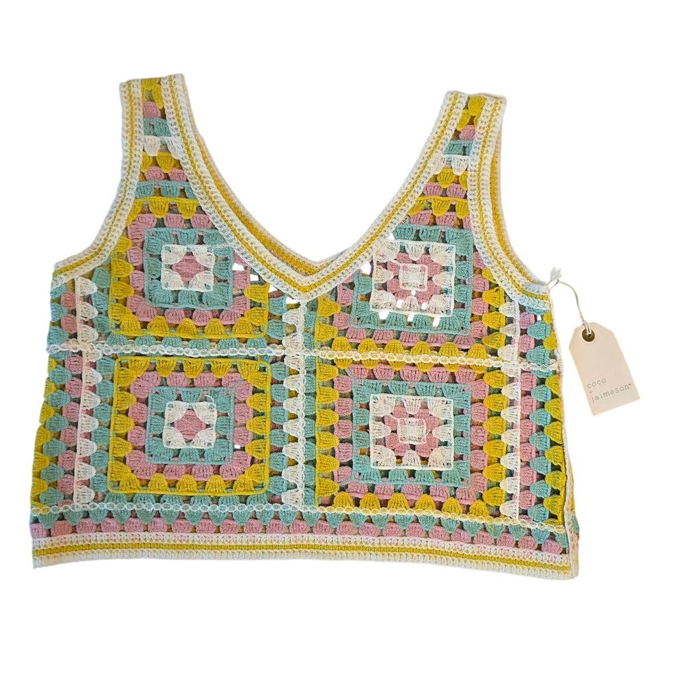 Coco + Jaimeson Crochet Granny Square V-Neck Tank Top Vest Pastel Multi NWT
